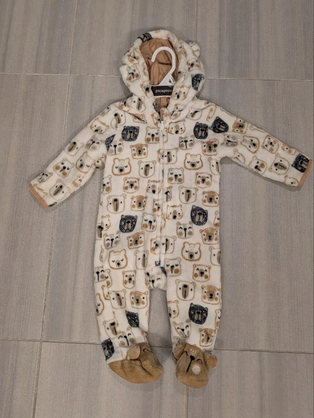 Cozy White & Tan Bear Print Kids Onesie Jacket
